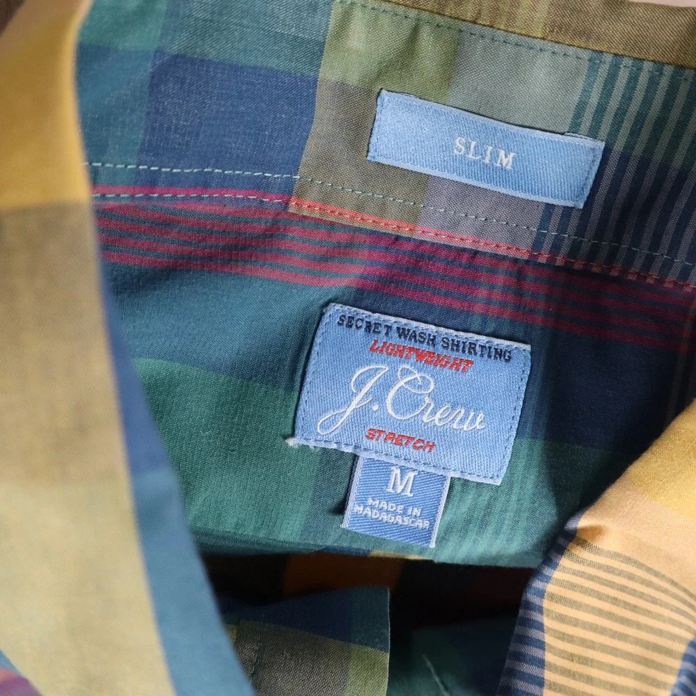 J.Crew Secret Wash Madras Plaid Stretch Cotton Shirt M Slim Fit Madagascar‎